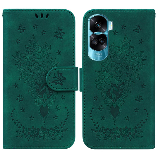 For Honor 90 Lite Butterfly Rose Embossed Leather Phone Case(Green)