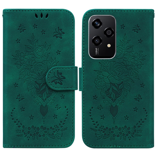 For Honor 200 Lite Global Butterfly Rose Embossed Leather Phone Case(Green)