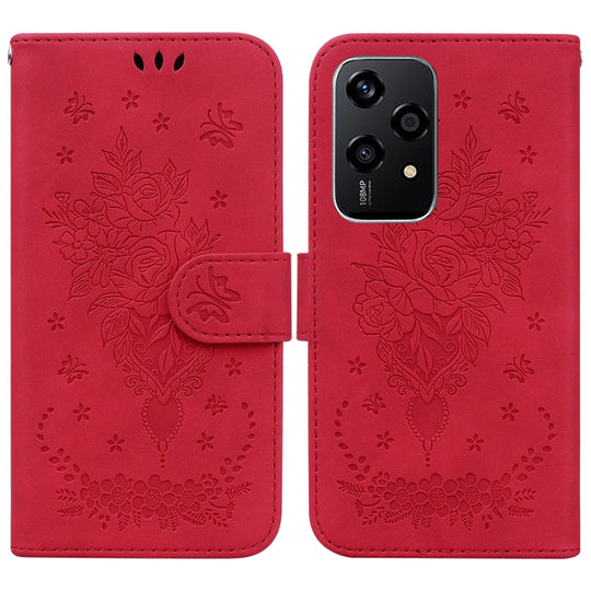 For Honor 200 Lite Global Butterfly Rose Embossed Leather Phone Case(Red)