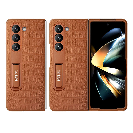 For Samsung Galaxy Z Fold5 HBC-209 Crocodile Texture Folding Phone Case with Stand(Brown)