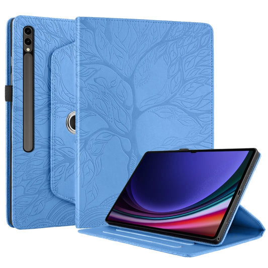 For Samsung Galaxy Tab S10 Ultra / S9 Ultra Tree Life Embossed Rotation Leather Tablet Case(Blue) by buy2fix