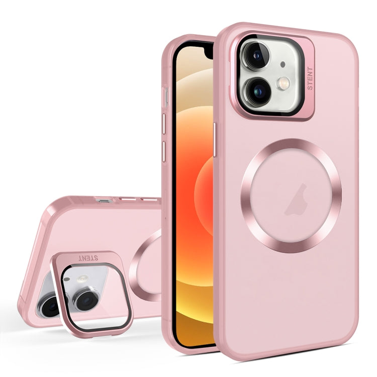 For iPhone 12 Skin Feel CD Texture MagSafe Lens Holder Phone Case(Pink) - iPhone 12 / 12 Pro Cases by buy2fix | Online Shopping UK | buy2fix