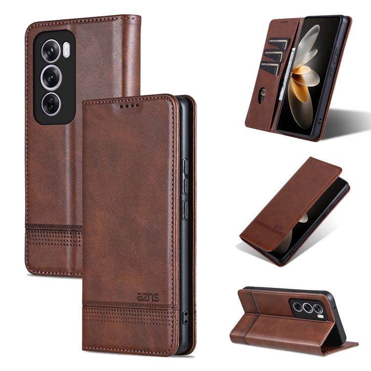 For OPPO Reno12 Global AZNS Magnetic Calf Texture Flip Leather Phone Case(Dark Brown) by AZNS