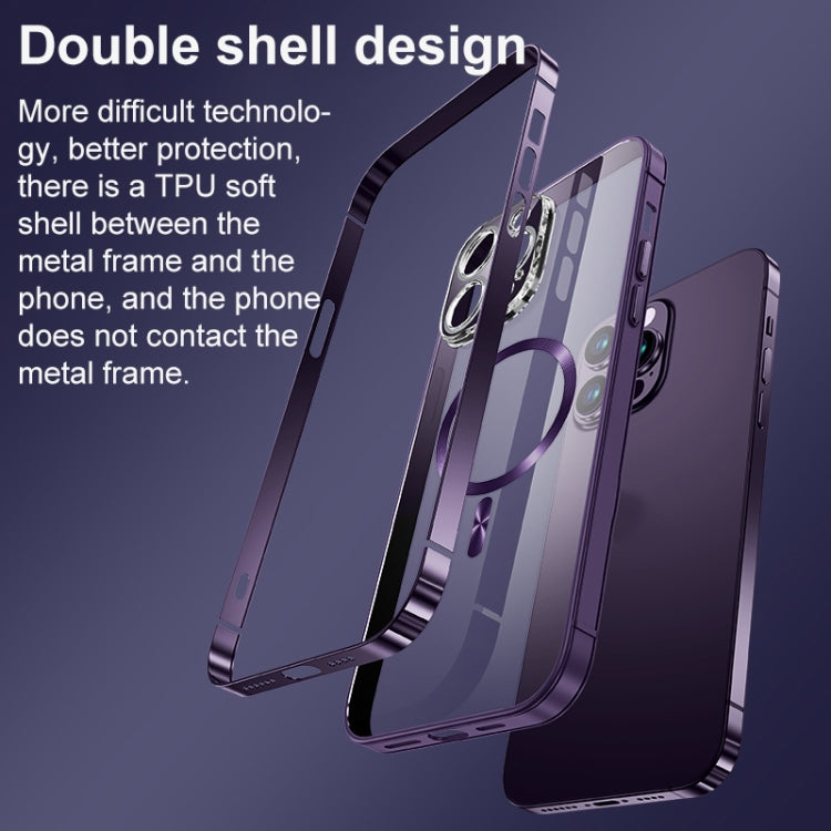 For iPhone 14 MagSafe Magnetic Stainless Steel Frame Transparent TPU Phone Case(Dark Purple) - iPhone 14 Cases by buy2fix | Online Shopping UK | buy2fix