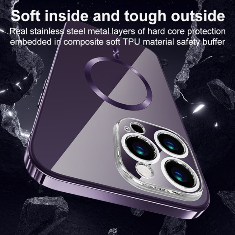 For iPhone 14 MagSafe Magnetic Stainless Steel Frame Transparent TPU Phone Case(Dark Purple) - iPhone 14 Cases by buy2fix | Online Shopping UK | buy2fix