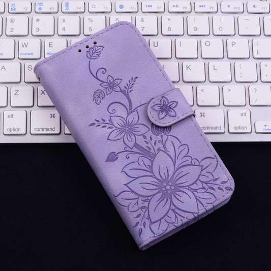 For iPhone 16 Lily Embossed Leather Phone Case(Purple) by buy2fix