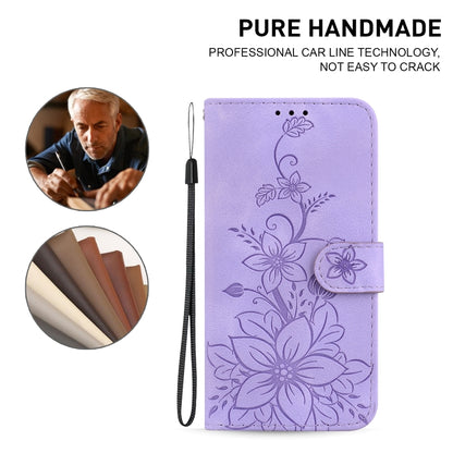 For iPhone 16 Lily Embossed Leather Phone Case(Purple) - iPhone 16 Cases by buy2fix | Online Shopping UK | buy2fix