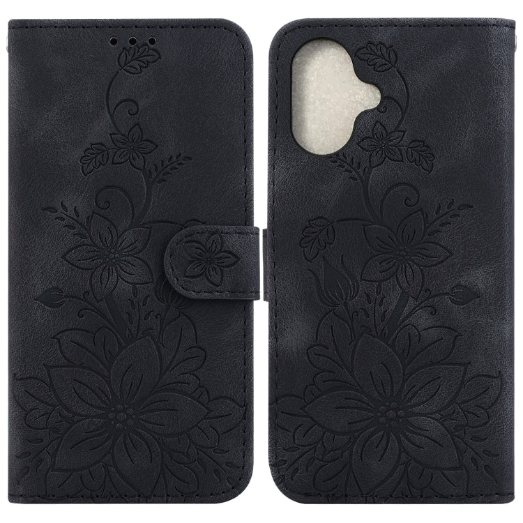 For iPhone 16 Lily Embossed Leather Phone Case(Black) by buy2fix