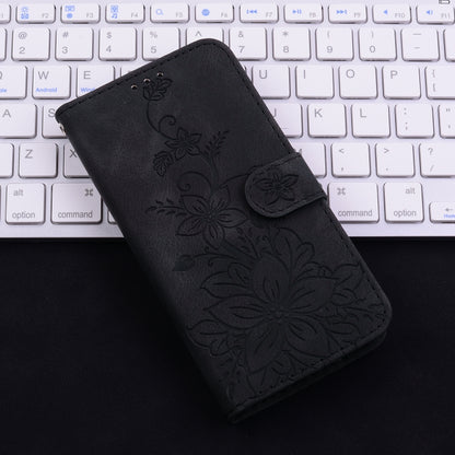 For iPhone 16 Lily Embossed Leather Phone Case(Black) by buy2fix