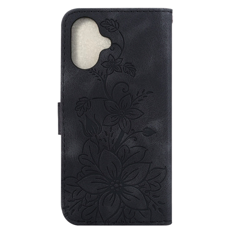 For iPhone 16 Lily Embossed Leather Phone Case(Black) by buy2fix