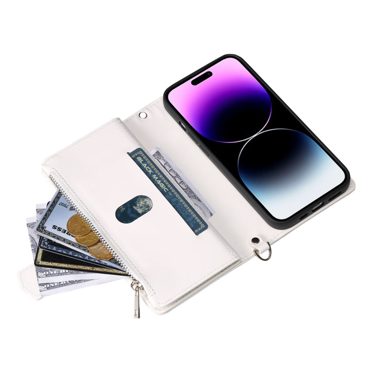 For iPhone 16 Pro Grid Texture Zipper Leather Phone Case with Lanyard(White) - iPhone 16 Pro Cases by buy2fix | Online Shopping UK | buy2fix