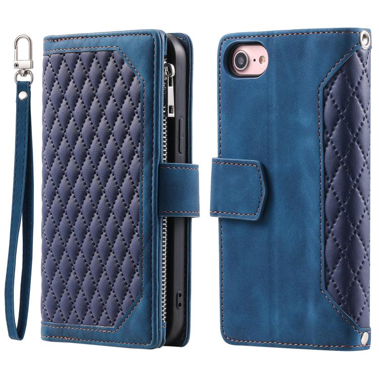 For iPhone 16e Grid Texture Zipper Leather Phone Case with Lanyard(Blue) - iPhone 16e Cases by buy2fix | Online Shopping UK | buy2fix