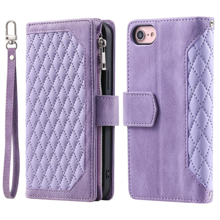 For iPhone 16e Grid Texture Zipper Leather Phone Case with Lanyard(Purple) - iPhone 16e Cases by buy2fix | Online Shopping UK | buy2fix