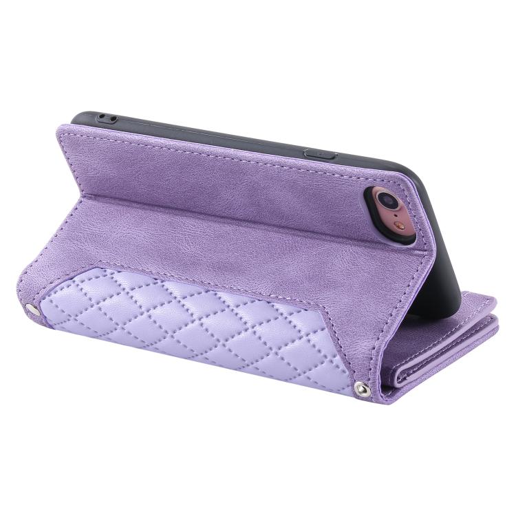For iPhone 16e Grid Texture Zipper Leather Phone Case with Lanyard(Purple) - iPhone 16e Cases by buy2fix | Online Shopping UK | buy2fix
