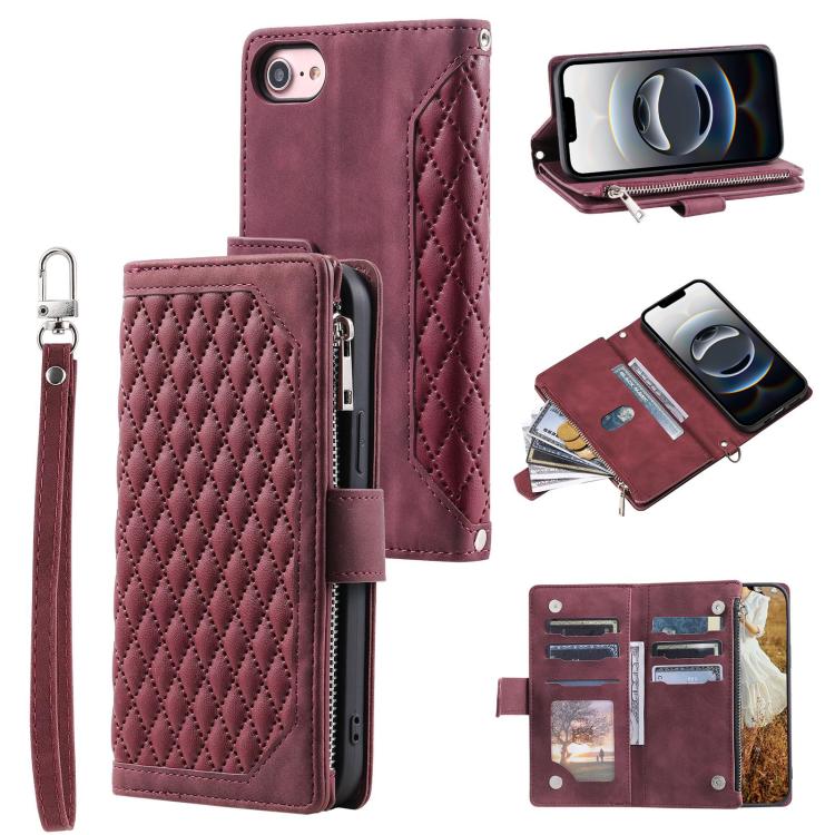 For iPhone 16e Grid Texture Zipper Leather Phone Case with Lanyard(Wine Red) - iPhone 16e Cases by buy2fix | Online Shopping UK | buy2fix