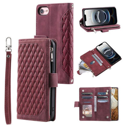 For iPhone 16e Grid Texture Zipper Leather Phone Case with Lanyard(Wine Red) - iPhone 16e Cases by buy2fix | Online Shopping UK | buy2fix
