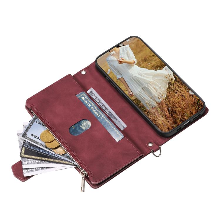 For iPhone 16e Grid Texture Zipper Leather Phone Case with Lanyard(Wine Red) - iPhone 16e Cases by buy2fix | Online Shopping UK | buy2fix