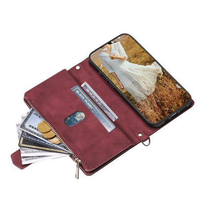 For iPhone 16e Grid Texture Zipper Leather Phone Case with Lanyard(Wine Red) - iPhone 16e Cases by buy2fix | Online Shopping UK | buy2fix