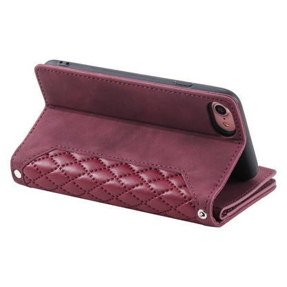 For iPhone 16e Grid Texture Zipper Leather Phone Case with Lanyard(Wine Red) - iPhone 16e Cases by buy2fix | Online Shopping UK | buy2fix