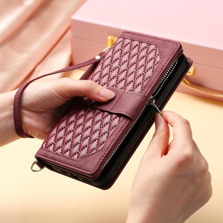 For iPhone 16e Grid Texture Zipper Leather Phone Case with Lanyard(Wine Red) - iPhone 16e Cases by buy2fix | Online Shopping UK | buy2fix