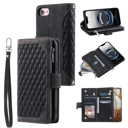For iPhone 16e Grid Texture Zipper Leather Phone Case with Lanyard(Black) - iPhone 16e Cases by buy2fix | Online Shopping UK | buy2fix
