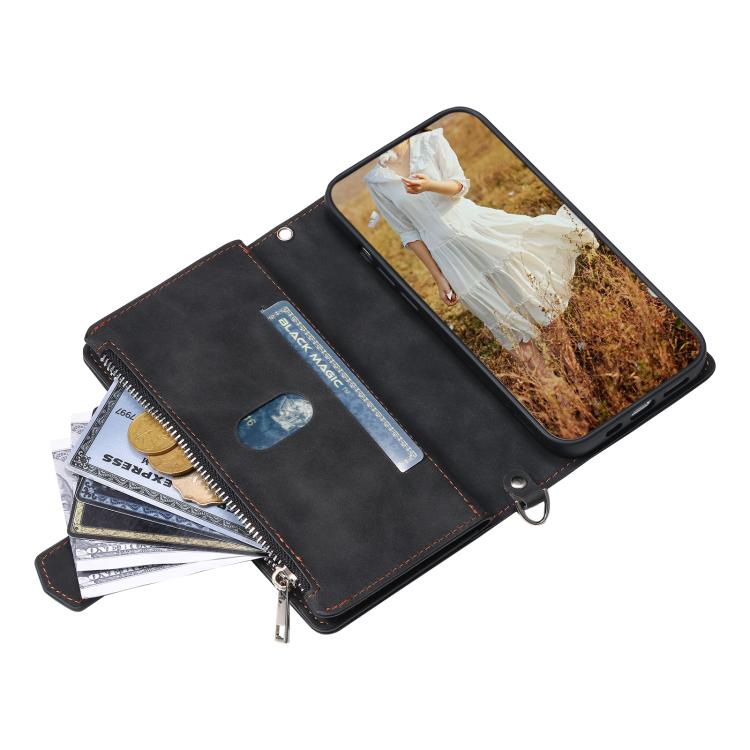 For iPhone 16e Grid Texture Zipper Leather Phone Case with Lanyard(Black) - iPhone 16e Cases by buy2fix | Online Shopping UK | buy2fix