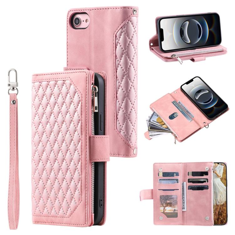 For iPhone 16e Grid Texture Zipper Leather Phone Case with Lanyard(Rose Gold) - iPhone 16e Cases by buy2fix | Online Shopping UK | buy2fix
