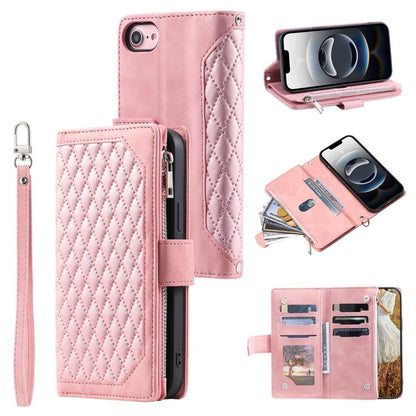 For iPhone 16e Grid Texture Zipper Leather Phone Case with Lanyard(Rose Gold) - iPhone 16e Cases by buy2fix | Online Shopping UK | buy2fix
