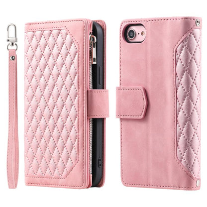 For iPhone 16e Grid Texture Zipper Leather Phone Case with Lanyard(Rose Gold) - iPhone 16e Cases by buy2fix | Online Shopping UK | buy2fix