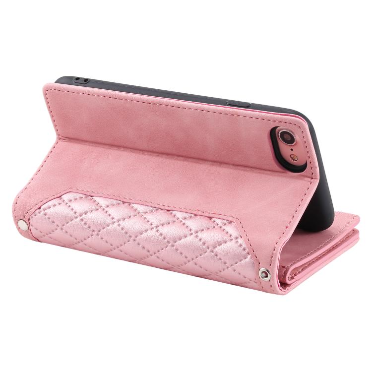 For iPhone 16e Grid Texture Zipper Leather Phone Case with Lanyard(Rose Gold) - iPhone 16e Cases by buy2fix | Online Shopping UK | buy2fix
