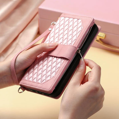 For iPhone 16e Grid Texture Zipper Leather Phone Case with Lanyard(Rose Gold) - iPhone 16e Cases by buy2fix | Online Shopping UK | buy2fix