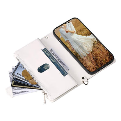 For iPhone 16e Grid Texture Zipper Leather Phone Case with Lanyard(White) - iPhone 16e Cases by buy2fix | Online Shopping UK | buy2fix