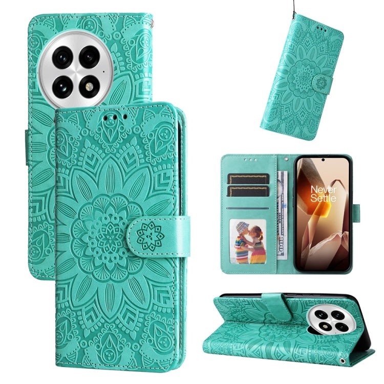For OnePlus 13 Embossed Sunflower Leather Phone Case(Green) by buy2fix