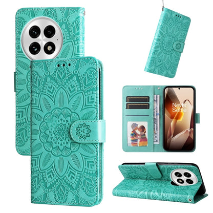 For OnePlus 13 Embossed Sunflower Leather Phone Case(Green) by buy2fix