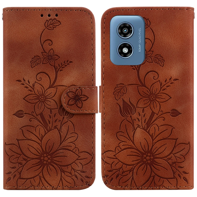 For Motorola Moto G Play 4G 2024 Lily Embossed Leather Phone Case(Brown) - Motorola Cases by buy2fix | Online Shopping UK | buy2fix