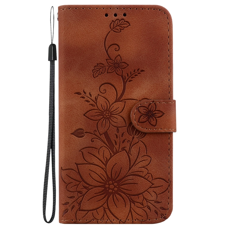 For Motorola Moto G Play 4G 2024 Lily Embossed Leather Phone Case(Brown) - Motorola Cases by buy2fix | Online Shopping UK | buy2fix