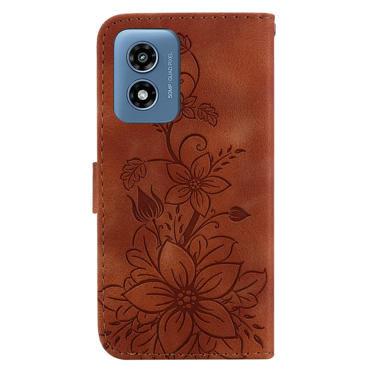 For Motorola Moto G Play 4G 2024 Lily Embossed Leather Phone Case(Brown) - Motorola Cases by buy2fix | Online Shopping UK | buy2fix