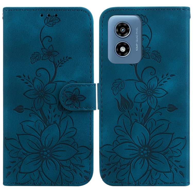 For Motorola Moto G Play 4G 2024 Lily Embossed Leather Phone Case(Dark Blue) - Motorola Cases by buy2fix | Online Shopping UK | buy2fix