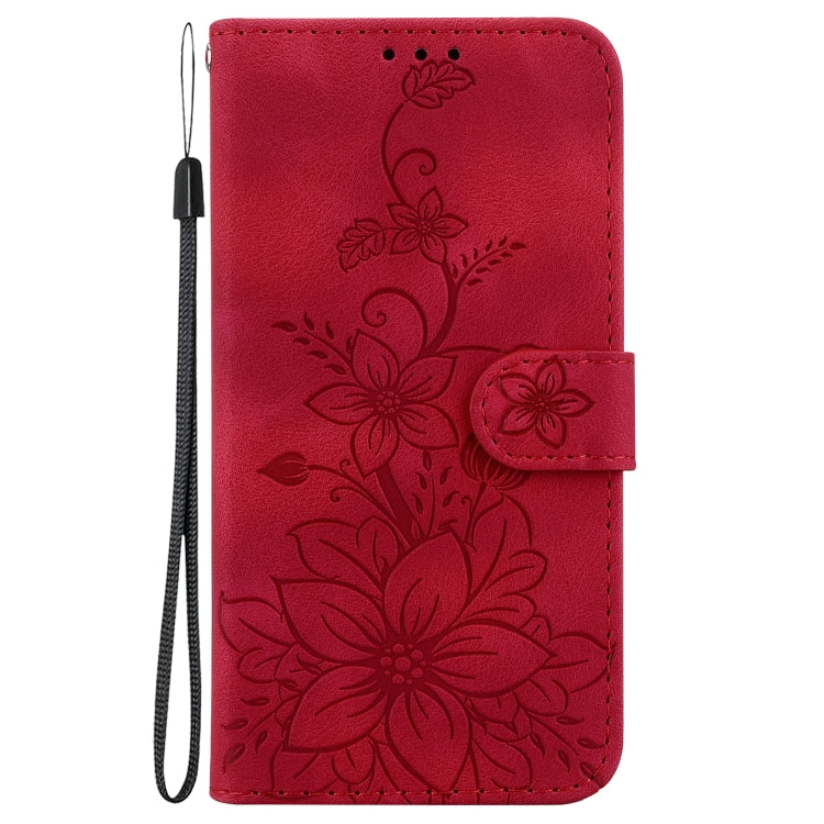 For Motorola Moto G Play 4G 2024 Lily Embossed Leather Phone Case(Red) - Motorola Cases by buy2fix | Online Shopping UK | buy2fix