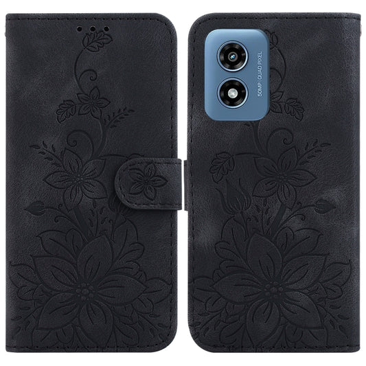 For Motorola Moto G Play 4G 2024 Lily Embossed Leather Phone Case(Black) - Motorola Cases by buy2fix | Online Shopping UK | buy2fix