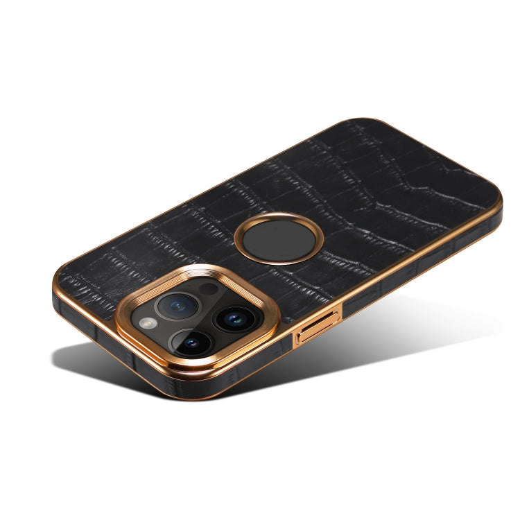 For iPhone 15 Pro Denior Crocodile Texture Genuine Leather Electroplating Phone Case(Black) - iPhone 15 Pro Cases by Denior | Online Shopping UK | buy2fix