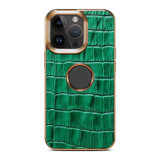 For iPhone 15 Plus Denior Crocodile Texture Genuine Leather Electroplating Phone Case(Green) - iPhone 15 Plus Cases by Denior | Online Shopping UK | buy2fix