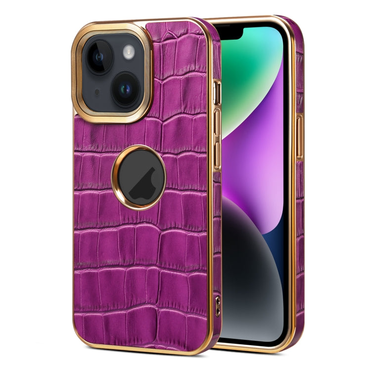 For iPhone 15 Denior Crocodile Texture Genuine Leather Electroplating Phone Case(Purple) - iPhone 15 Cases by Denior | Online Shopping UK | buy2fix