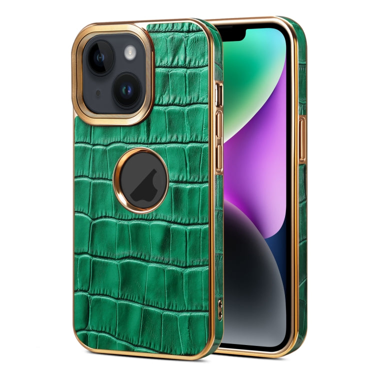 For iPhone 14 Plus Denior Crocodile Texture Genuine Leather Electroplating Phone Case(Green) - iPhone 14 Plus Cases by Denior | Online Shopping UK | buy2fix