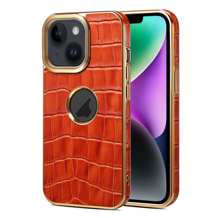 For iPhone 14 Plus Denior Crocodile Texture Genuine Leather Electroplating Phone Case(Mocha Brown) - iPhone 14 Plus Cases by Denior | Online Shopping UK | buy2fix