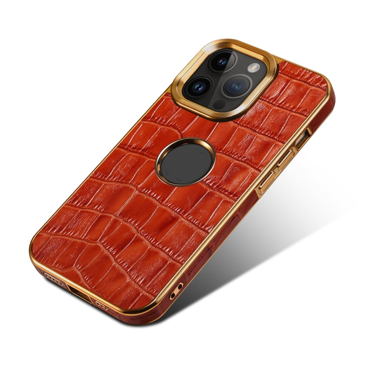 For iPhone 14 Denior Crocodile Texture Genuine Leather Electroplating Phone Case(Mocha Brown) - iPhone 14 Cases by Denior | Online Shopping UK | buy2fix