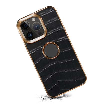 For iPhone 14 Pro Denior Crocodile Texture Genuine Leather Electroplating Phone Case(Black) - iPhone 14 Pro Cases by Denior | Online Shopping UK | buy2fix