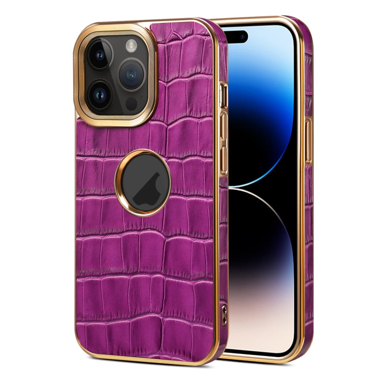 For iPhone 14 Pro Max Denior Crocodile Texture Genuine Leather Electroplating Phone Case(Purple) - iPhone 14 Pro Max Cases by Denior | Online Shopping UK | buy2fix