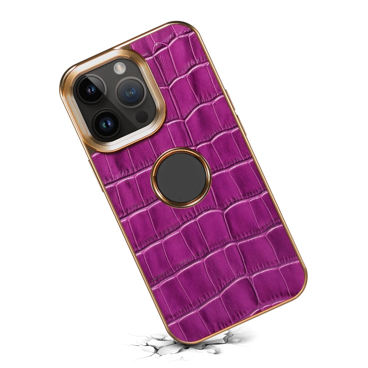 For iPhone 14 Pro Max Denior Crocodile Texture Genuine Leather Electroplating Phone Case(Purple) - iPhone 14 Pro Max Cases by Denior | Online Shopping UK | buy2fix