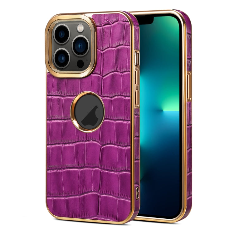 For iPhone 13 Pro Max Denior Crocodile Texture Genuine Leather Electroplating Phone Case(Purple) - iPhone 13 Pro Max Cases by Denior | Online Shopping UK | buy2fix